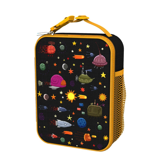 Lunchbox displays colorful cartoon spaceships and celestial bodies floating in a black, starry space-themed backdrop with a yellow handle and mesh pocket on the side.