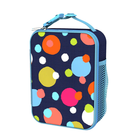 Colorful lunchbox featuring large and small circles in orange, pink, blue, green, and white with a light blue handle and mesh pocket on a dark background.