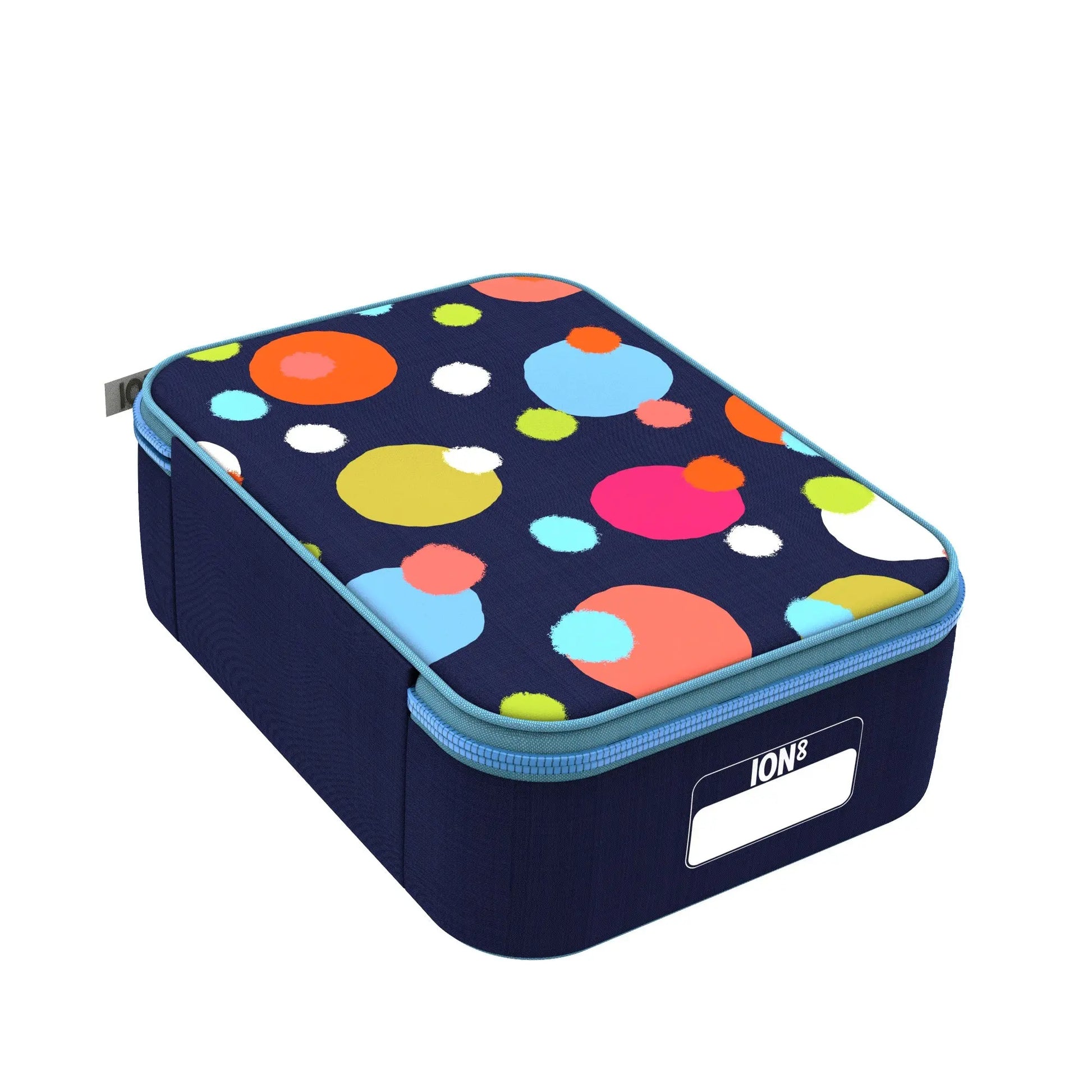 Lunchbox featuring multicolored polka dots on a dark blue background with a light blue zipper. The name "ION8" is displayed on the side handle in a clear context.