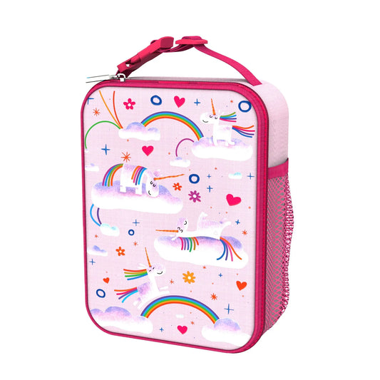 Lunchbox showing unicorns resting on clouds with rainbow trails in a whimsical pink background featuring hearts, stars, and mesh pocket on the side