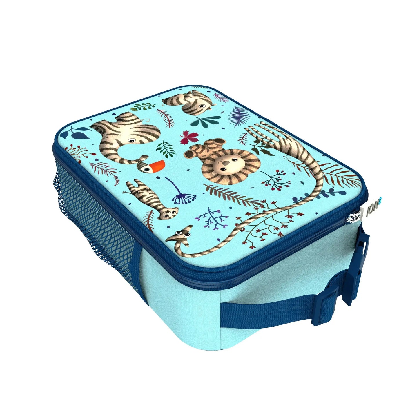 A rectangular blue lunchbox with a lid featuring illustrated animals, like zebras and monkeys, surrounded by colorful foliage; it has a mesh side pocket and a front strap.
