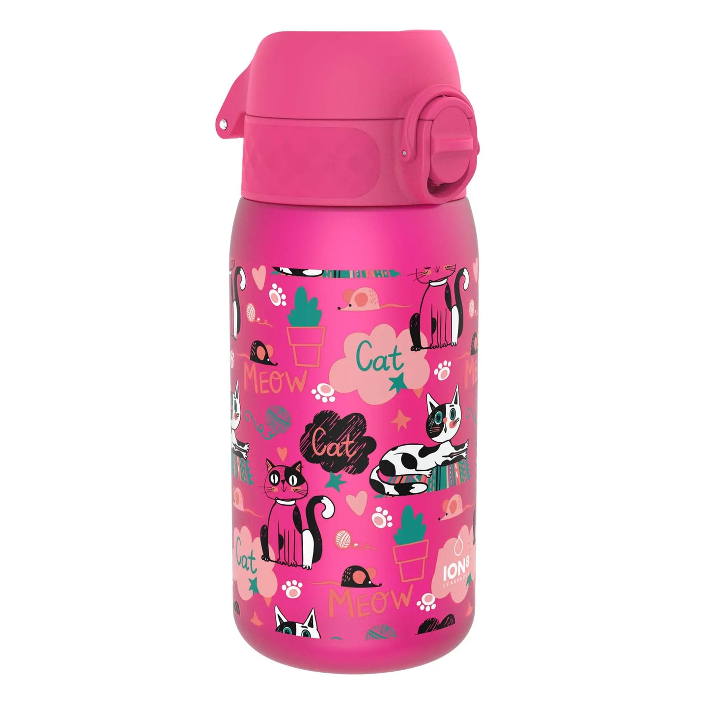 Pink water bottle displaying playful cartoon cats with hearts paw prints yarn balls and the words Cat and Meow amidst scattered flowers against a solid background