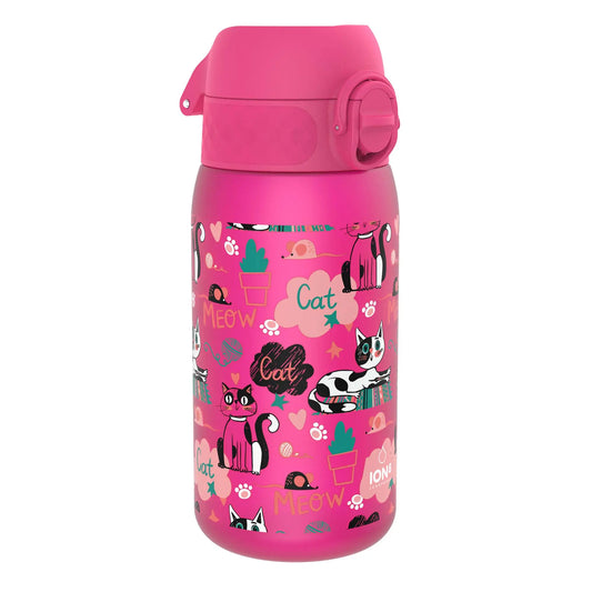 Pink water bottle displaying playful cartoon cats with hearts paw prints yarn balls and the words Cat and Meow amidst scattered flowers against a solid background