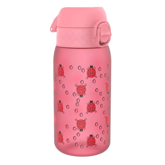 Pink water bottle decorated with red ladybugs and black dots scattered across its surface set against a plain white background