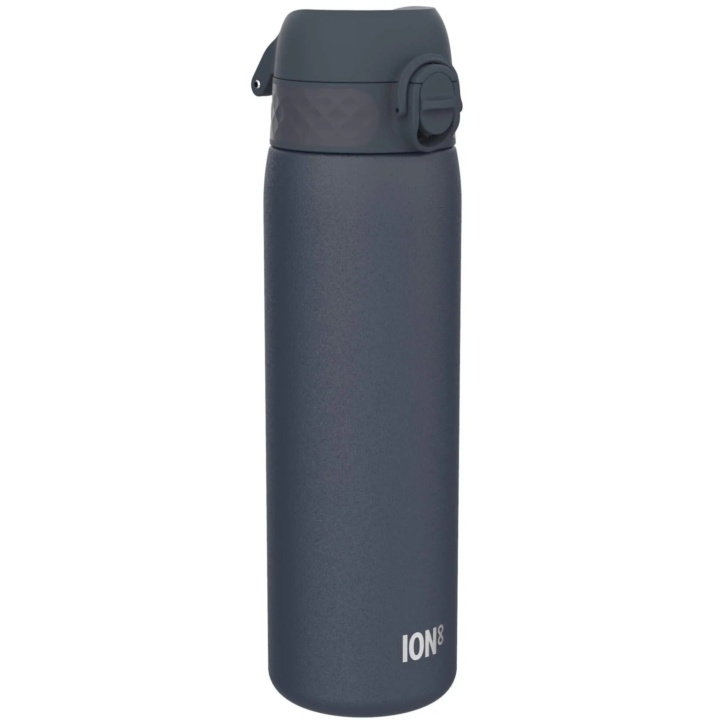A dark gray water bottle stands upright with a flip-top lid and textured grip on a plain white background. Branding on the bottle reads ION8.