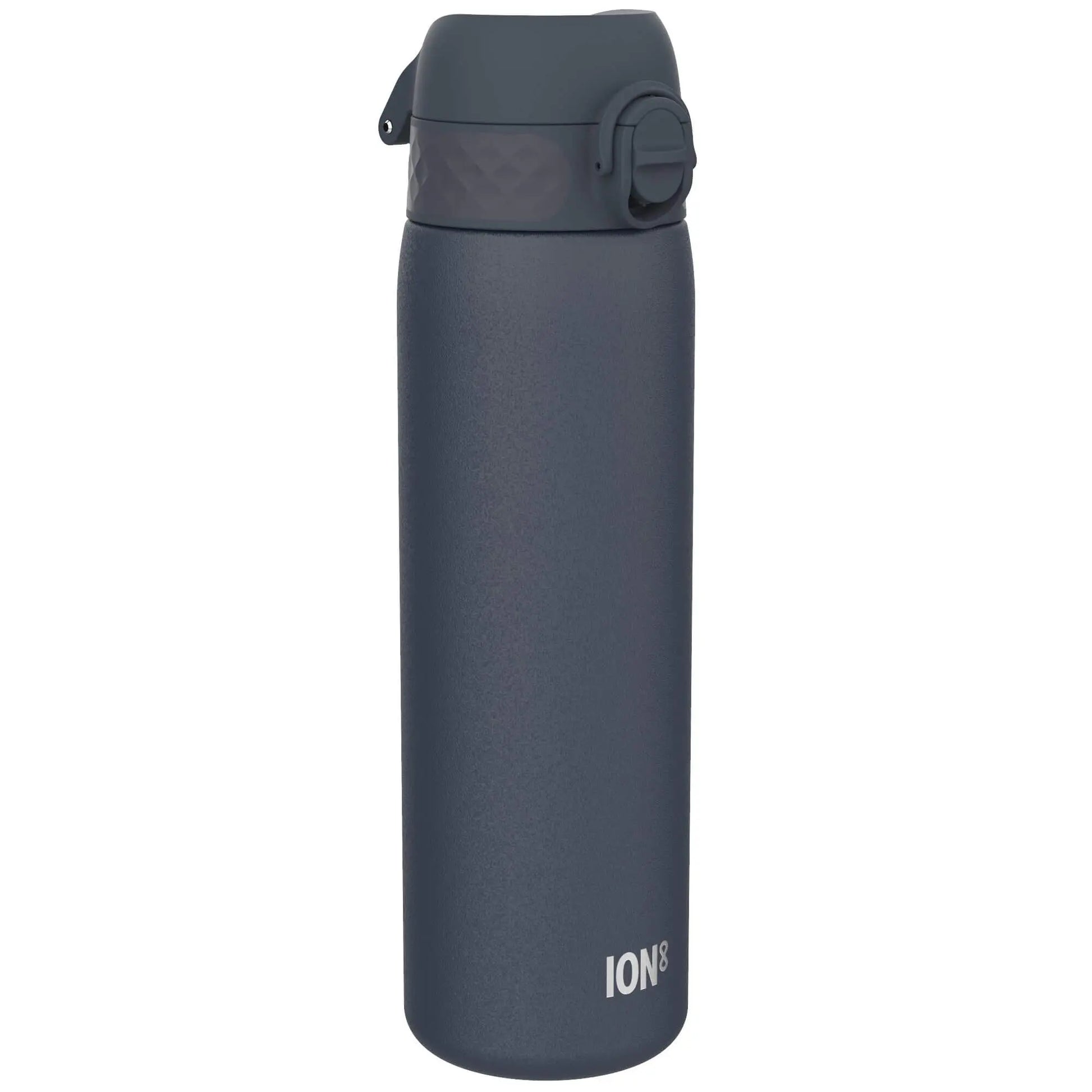 A dark gray water bottle stands upright with a flip-top lid and textured grip on a plain white background. Branding on the bottle reads ION8.