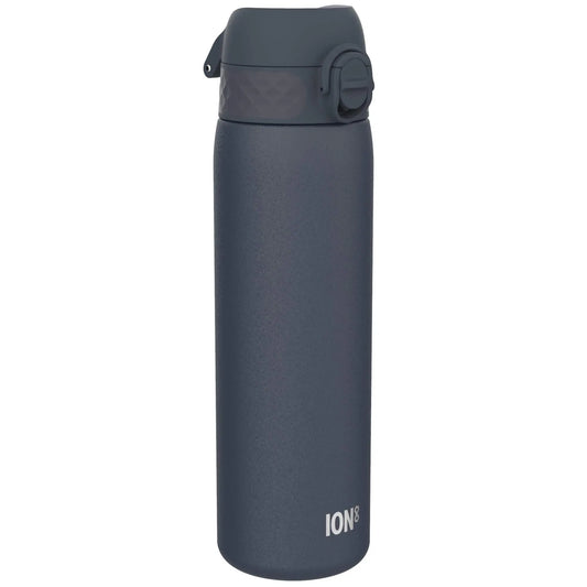 A dark gray water bottle stands upright with a flip-top lid and textured grip on a plain white background. Branding on the bottle reads ION8.