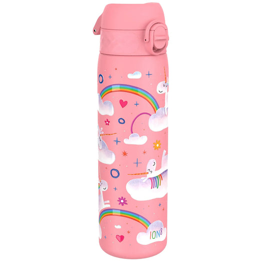 A pink water bottle featuring unicorns on clouds and rainbows surrounding it text reading "ION8" in a whimsical design