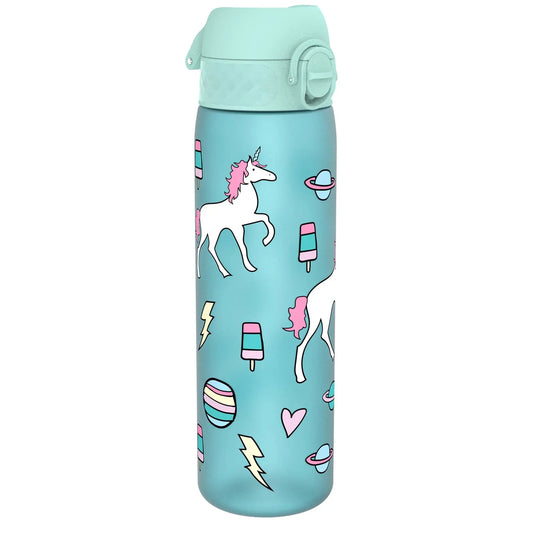 A turquoise water bottle featuring unicorns, popsicles, planets, lightning bolts, and hearts in pastel colors, standing against a plain white background.