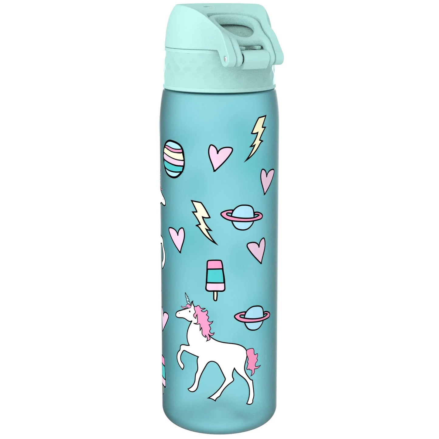 A turquoise water bottle adorned with colorful illustrations of a unicorn, lightning bolts, hearts, planets, and popsicles situated against a white background.