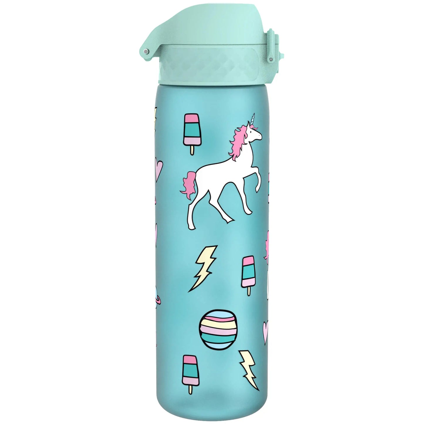 A turquoise water bottle featuring colorful graphics of unicorns, popsicles, lightning bolts, and striped spheres displayed against a white background