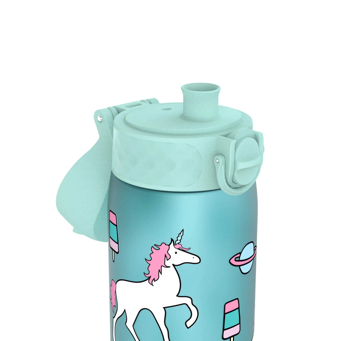 A light blue water bottle featuring illustrations of a unicorn with pink mane, popsicles, and a planet against a minimalistic white background.