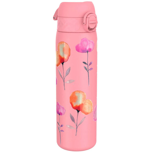 A pink thermos bottle decorated with watercolor-style flowers sits against a plain white background.