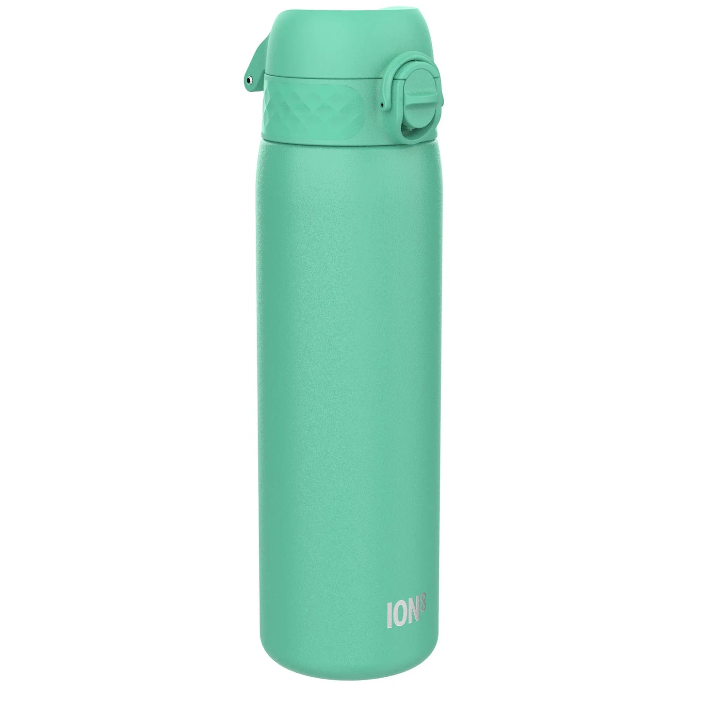 A teal water bottle with a flip-top lid featuring the text ION8 in a plain white background setting.