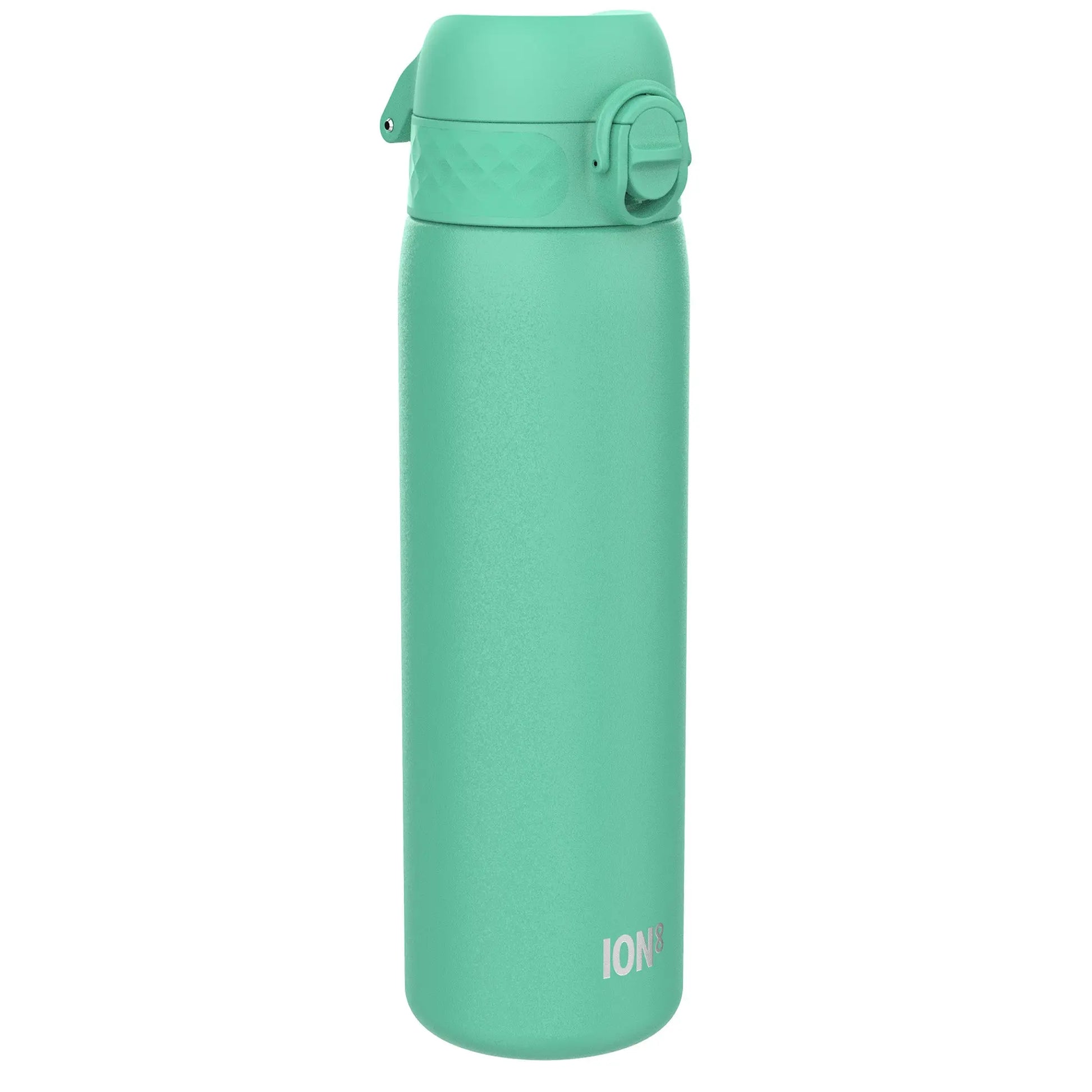 A teal water bottle with a flip-top lid featuring the text ION8 in a plain white background setting.