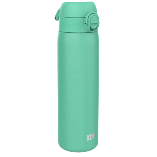 A teal water bottle with a flip-top lid featuring the text ION8 in a plain white background setting.