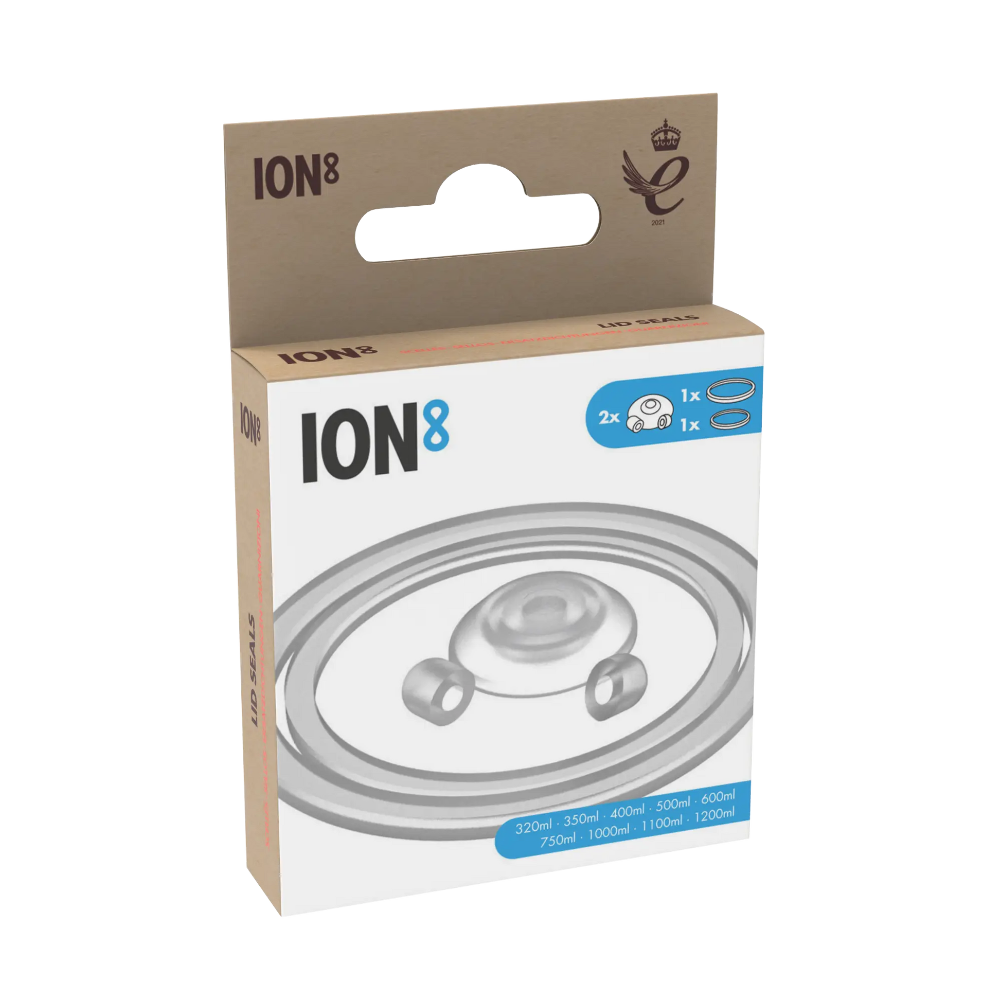 ION8 lid seals packaging showing replacement seals for bottles in various sizes 320ml to 1200ml displayed against a white background The box includes illustrations of the seals