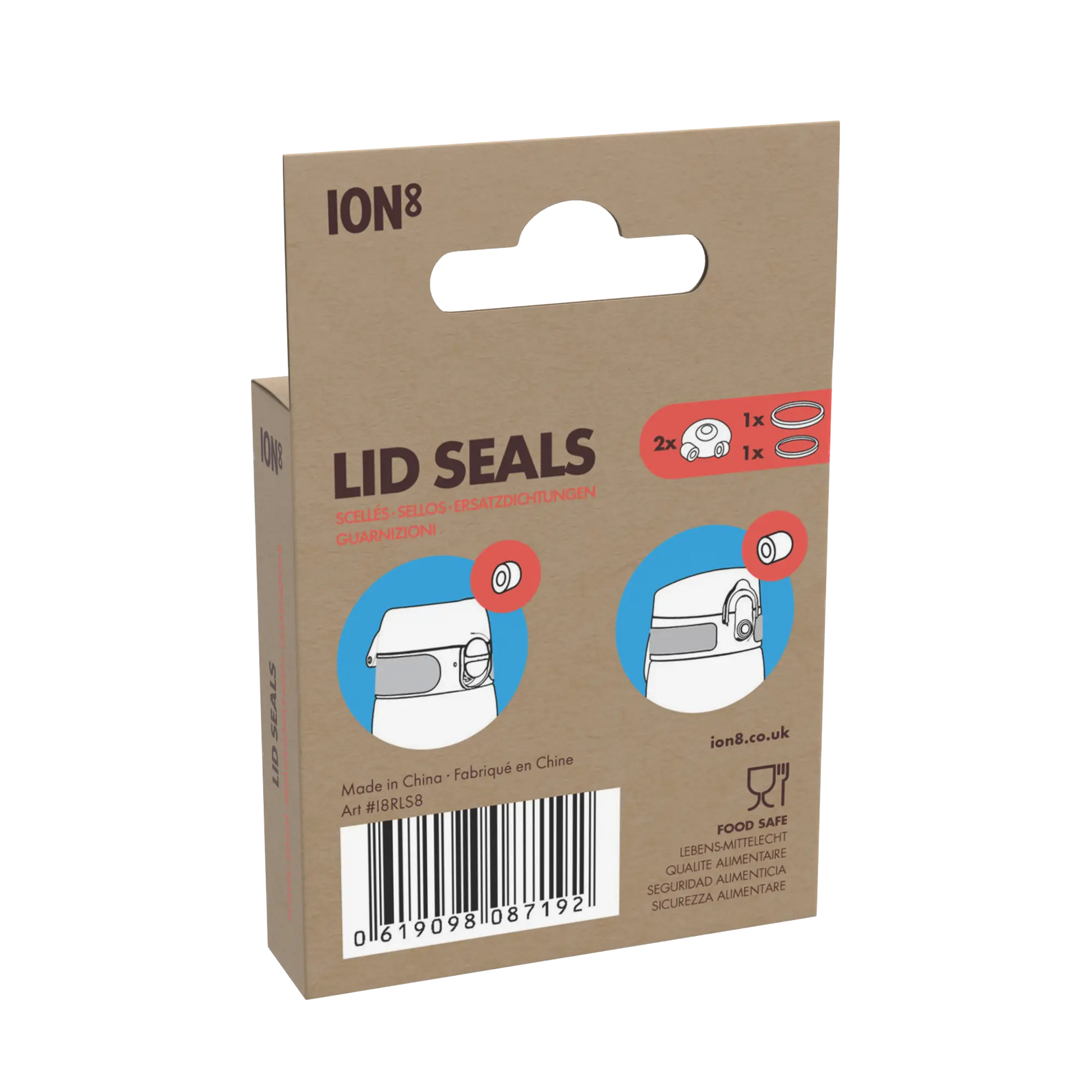 A cardboard package labeled "LID SEALS" contains images showing lid seal replacements. Text includes "Made in China," "Art #18RLS8," barcode, and various translations. The website is ion8.co.uk.