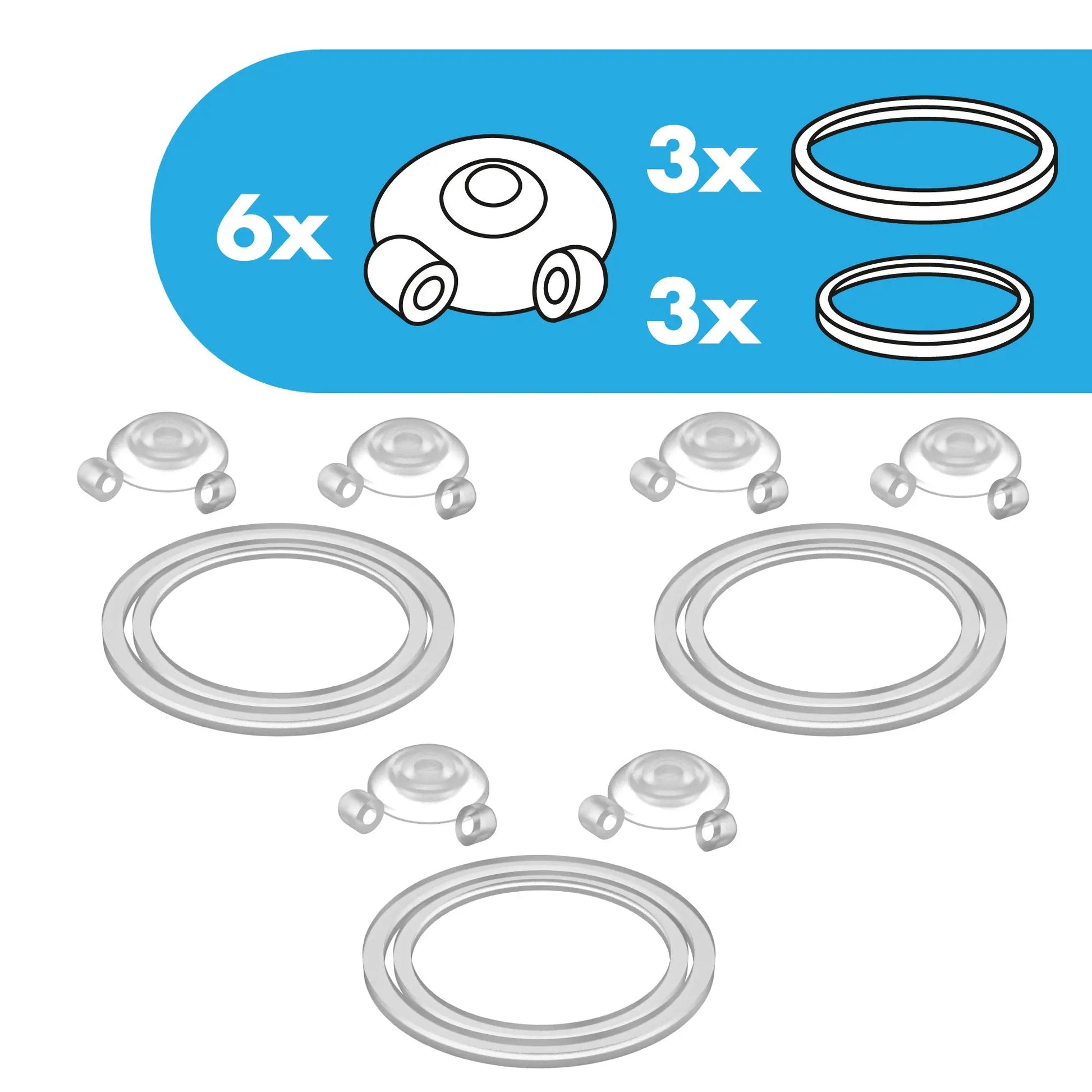 Six suction cups and three rubber rings are displayed on a blue background labeled with numbers indicating quantities. The layout is clear and organized, showcasing the components separately.