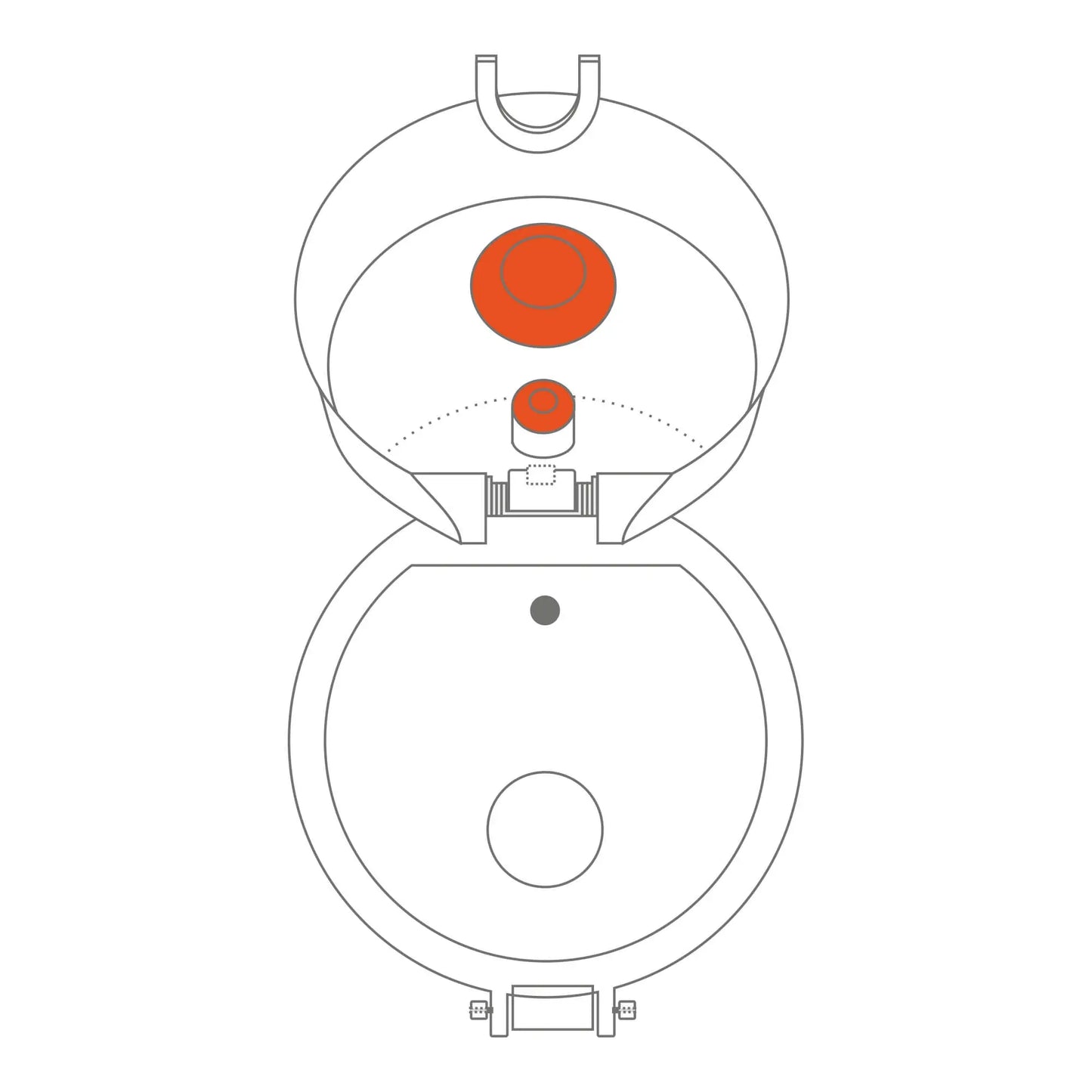 Toilet bowl diagram displaying open lid with visible red highlighted flushing mechanism inside a simple white background setting