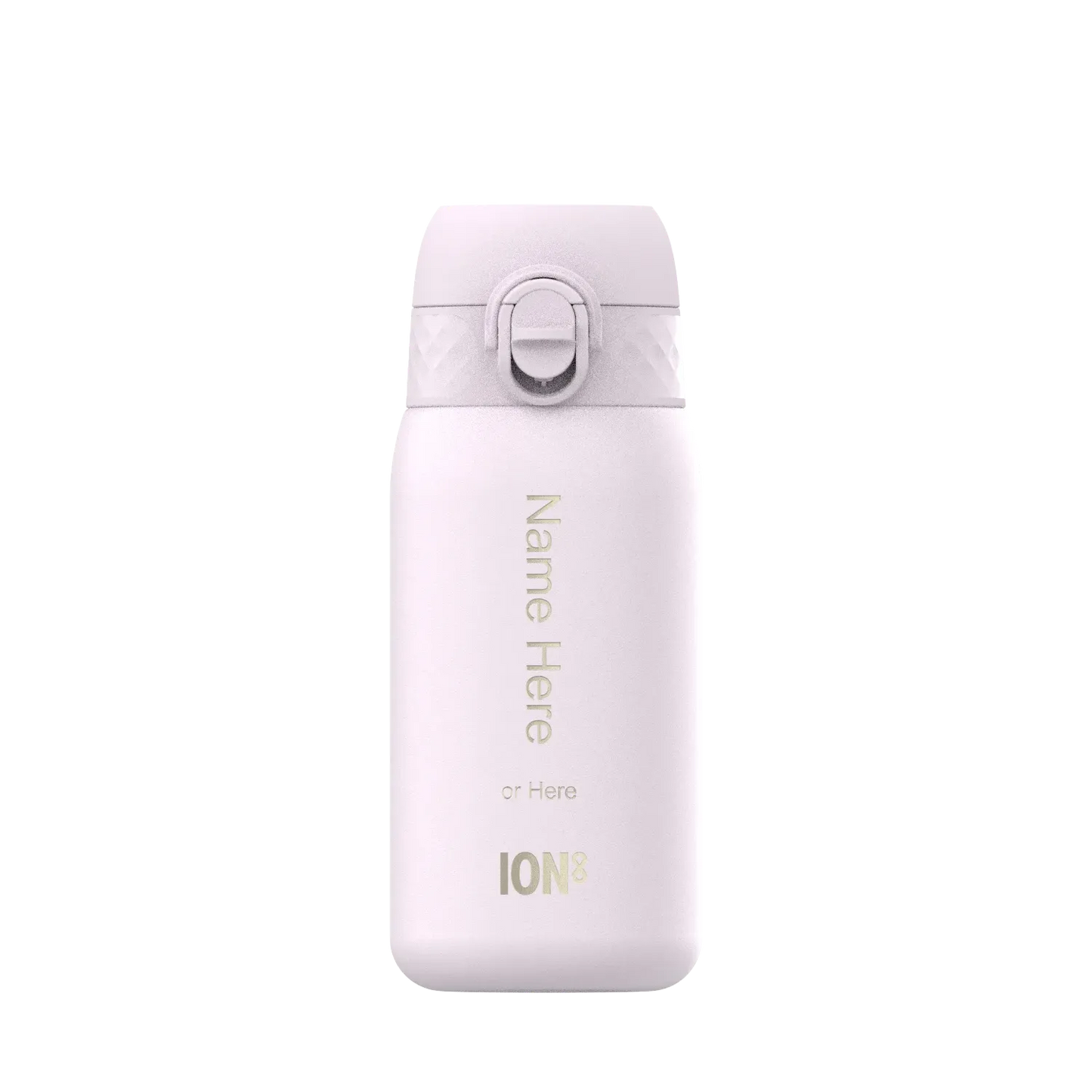 White reusable water bottle standing upright features a secure flip-top lid and custom text options reading Name Here or Here ION8 against a plain white background