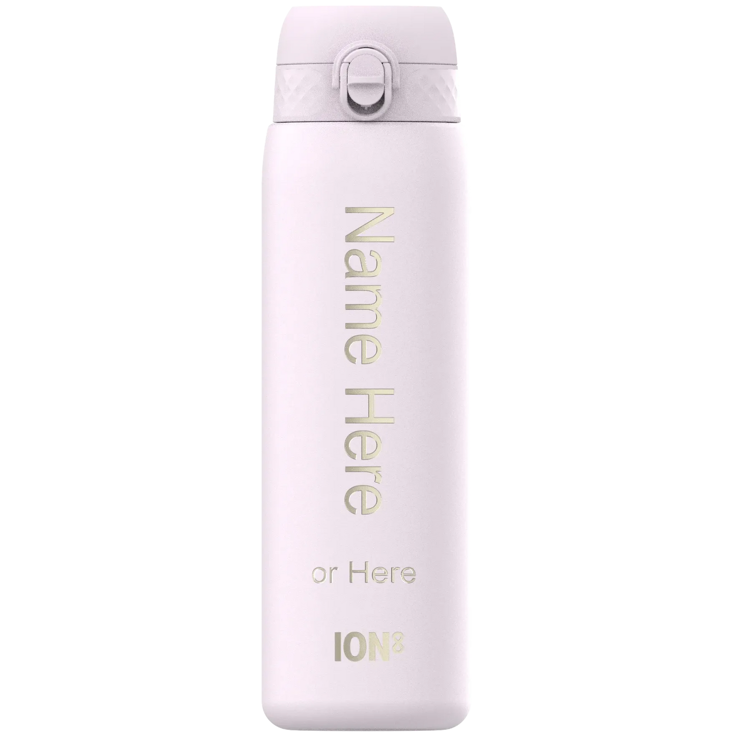 Water bottle standing upright feature white surface with text "Name Here or Here ION8" in gold letters context plain background