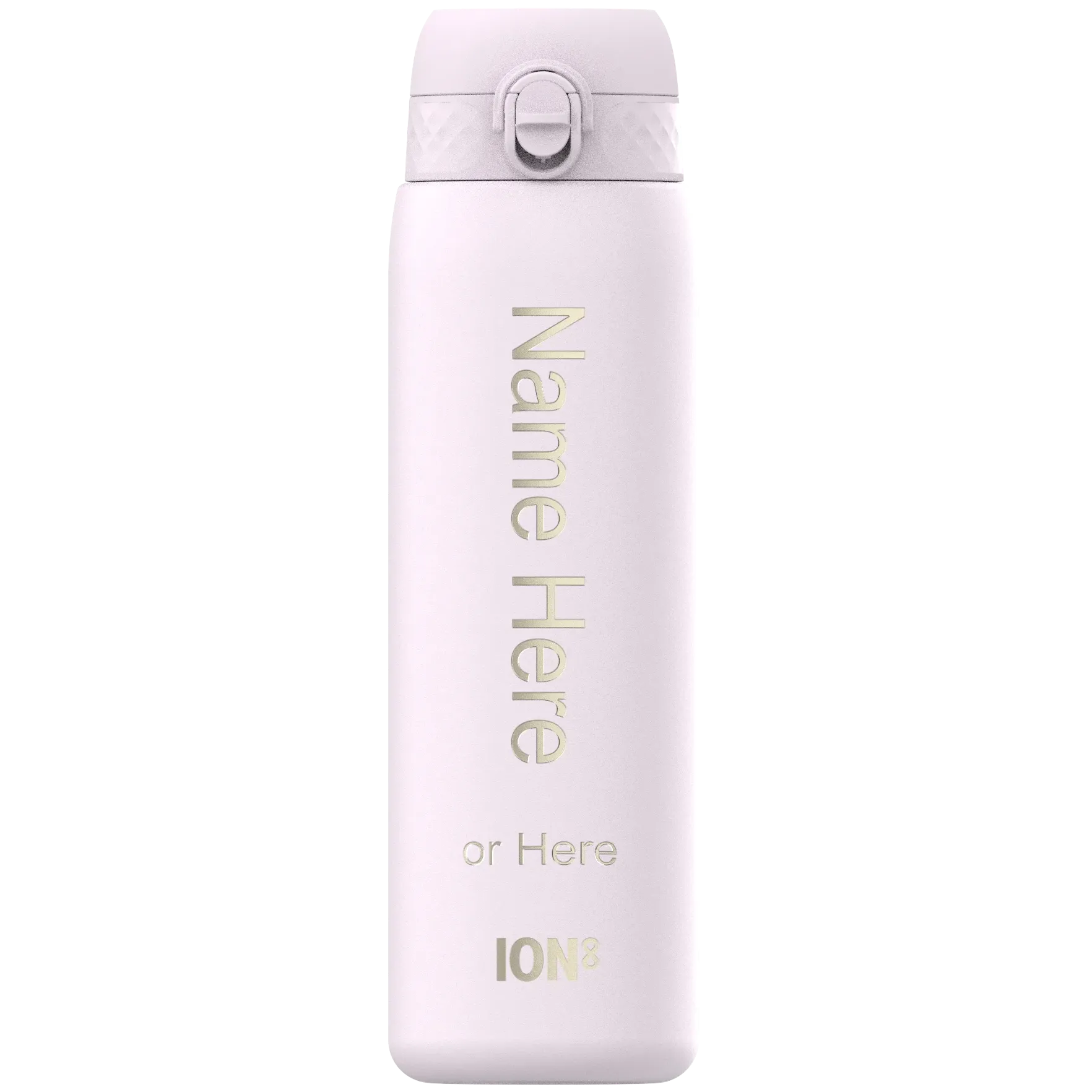 Water bottle standing upright feature white surface with text "Name Here or Here ION8" in gold letters context plain background