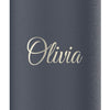 A dark-grey, matte surface displays the name "Olivia" in a light-grey, cursive script.