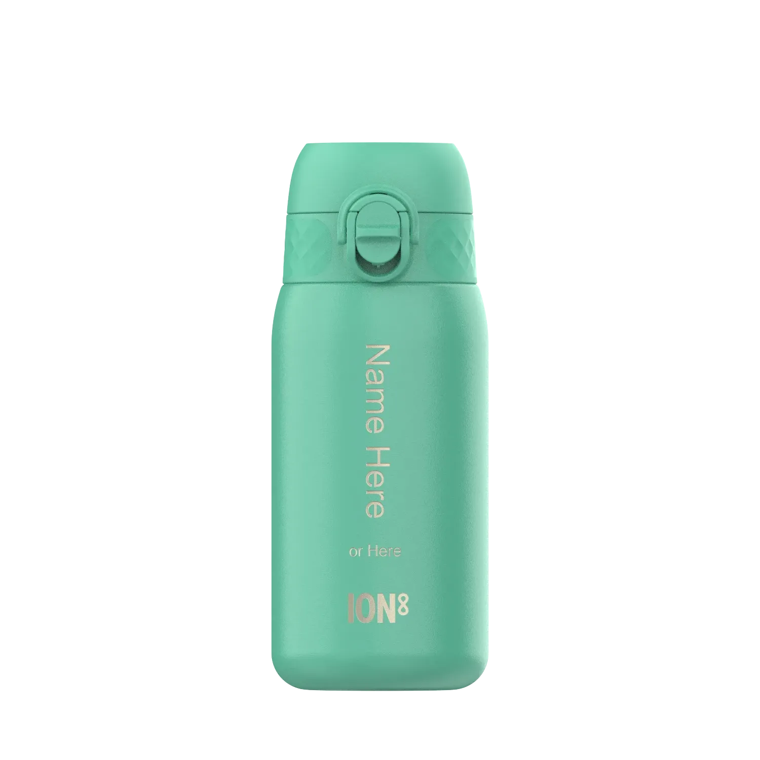 A teal water bottle with a flip-top lid stands upright Text reads Name Here or Here ION8 against a plain white background