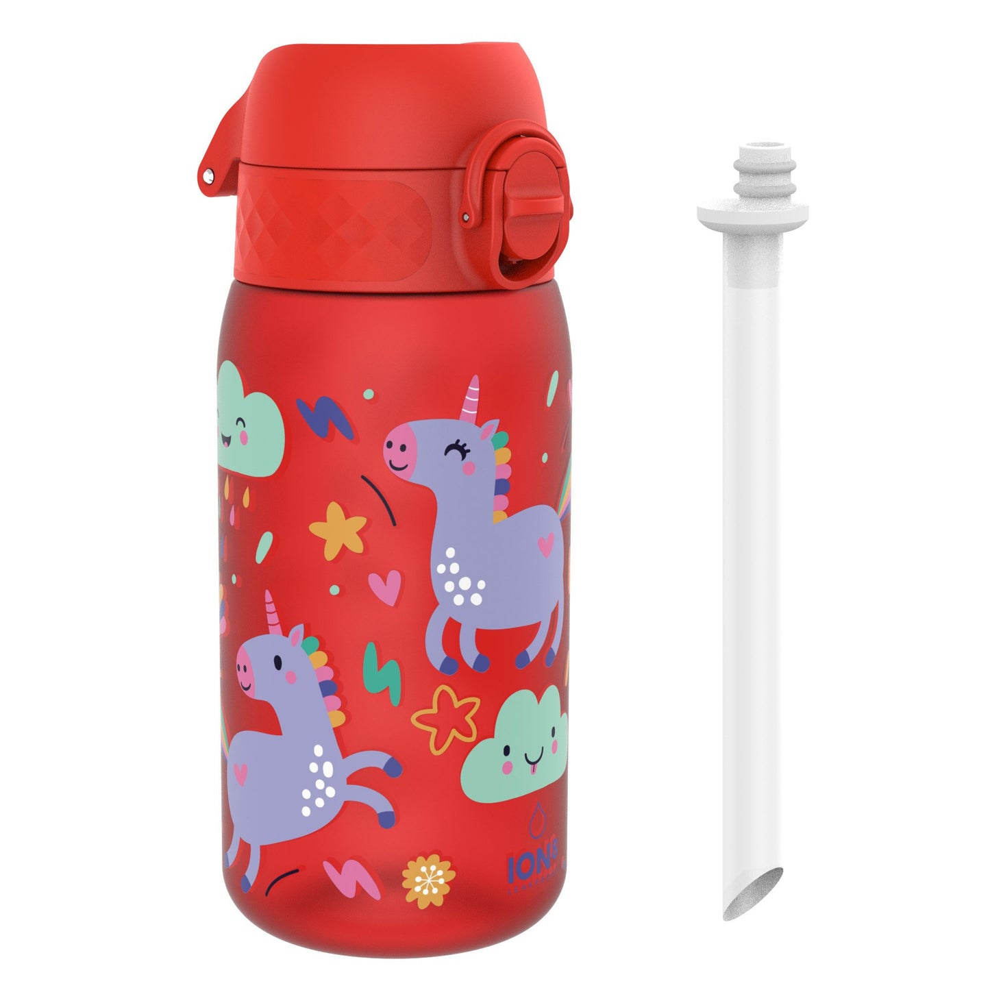 Kids Water Bottle With Straw, Recyclon, Red Unicorns, 350ml