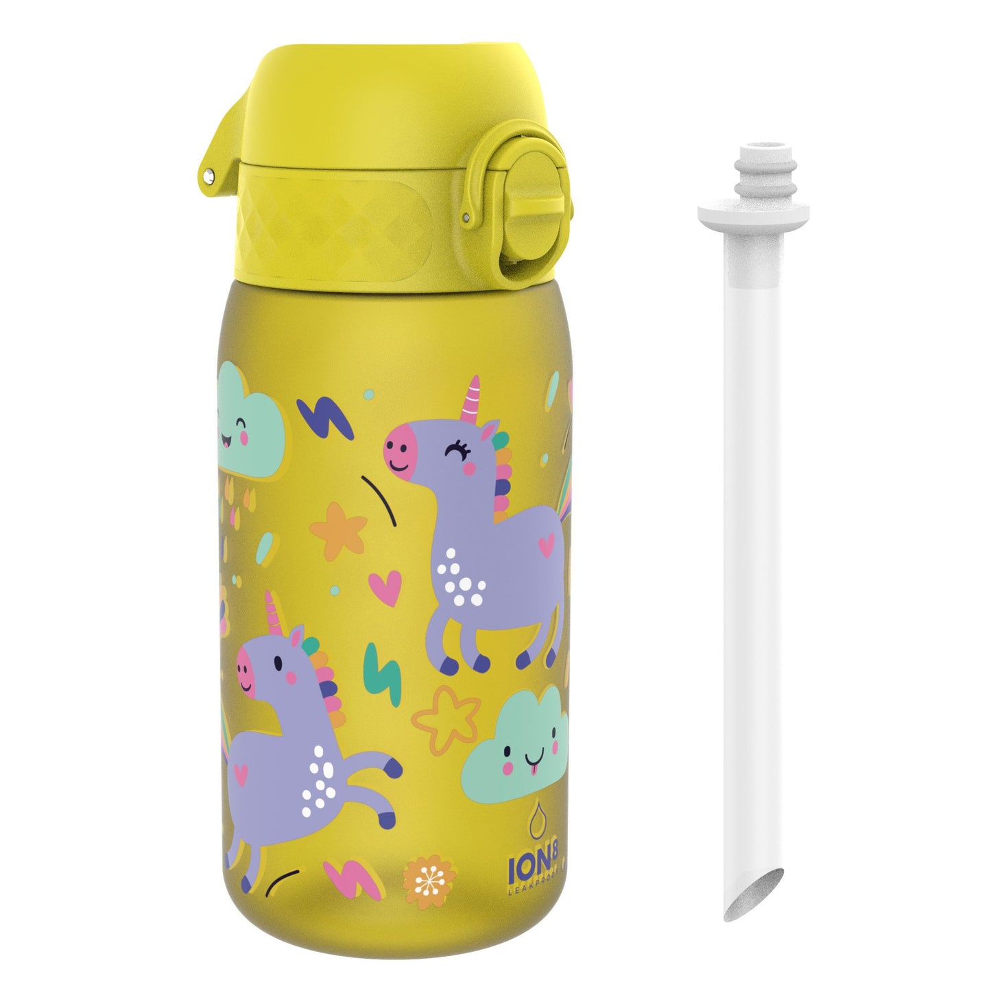 Kids Water Bottle With Straw, Recyclon, Yellow Unicorns, 350ml
