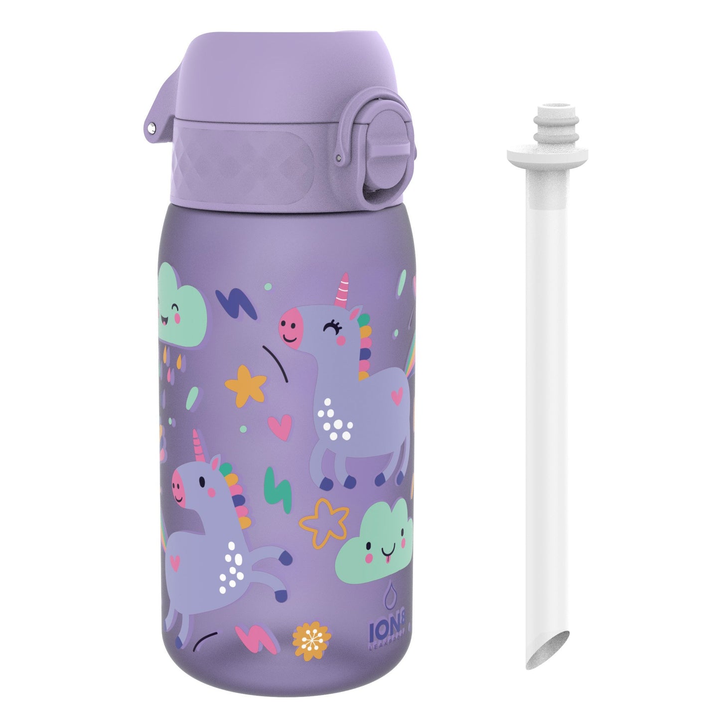 Kids Water Bottle With Straw, Recyclon, Purple Unicorns, 350ml