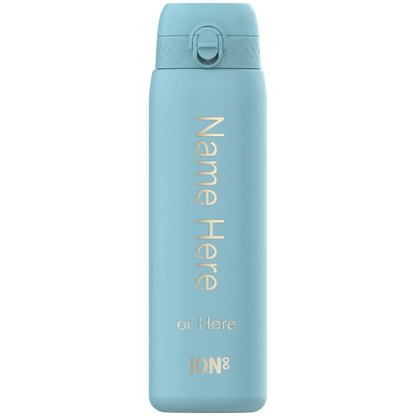 A light-blue water bottle stands against a black background. It has a screw-on lid and the words "Name Here or Here ION8" are vertically printed on its surface.