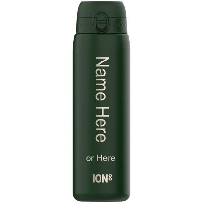 A dark-green ION8 water bottle stands upright; its surface displays "Name Here or Here".