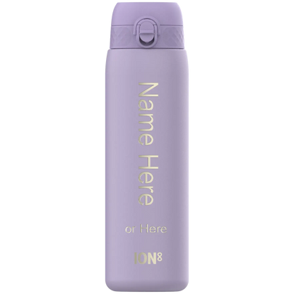 A lavender-colored ION8 water bottle stands upright. The bottle displays "Name Here or Here" and the ION8 logo.