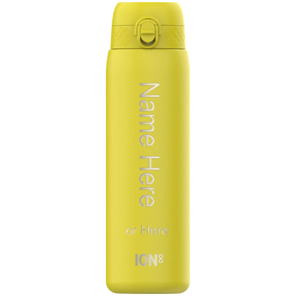 A yellow ION8 water bottle stands against a black background. It displays "Name Here or Here" and the logo "ION8".