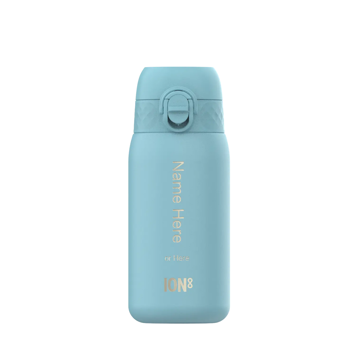 A light-blue ION8 water bottle stands upright against a white background. The bottle displays "Name Here or Here" and the logo "ION8".