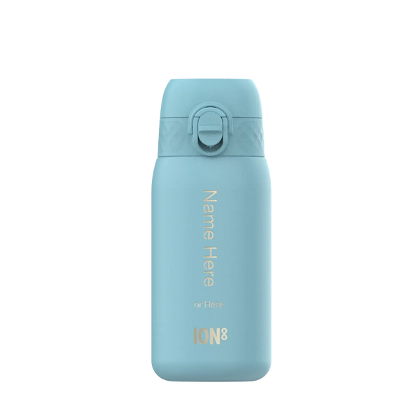A light-blue ION8 water bottle stands upright against a white background. The bottle displays "Name Here or Here" and the logo "ION8".