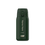 A dark-green ION8 water bottle stands upright against a white background. The bottle displays 