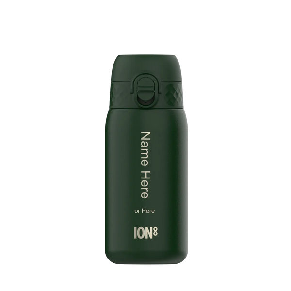 A dark-green ION8 water bottle stands upright against a white background. The bottle displays "Name Here or Here" and "ION8".