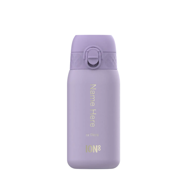 A lavender ION8 water bottle stands upright. It features a flip-top lid and text reading "Name Here or Here ION8".