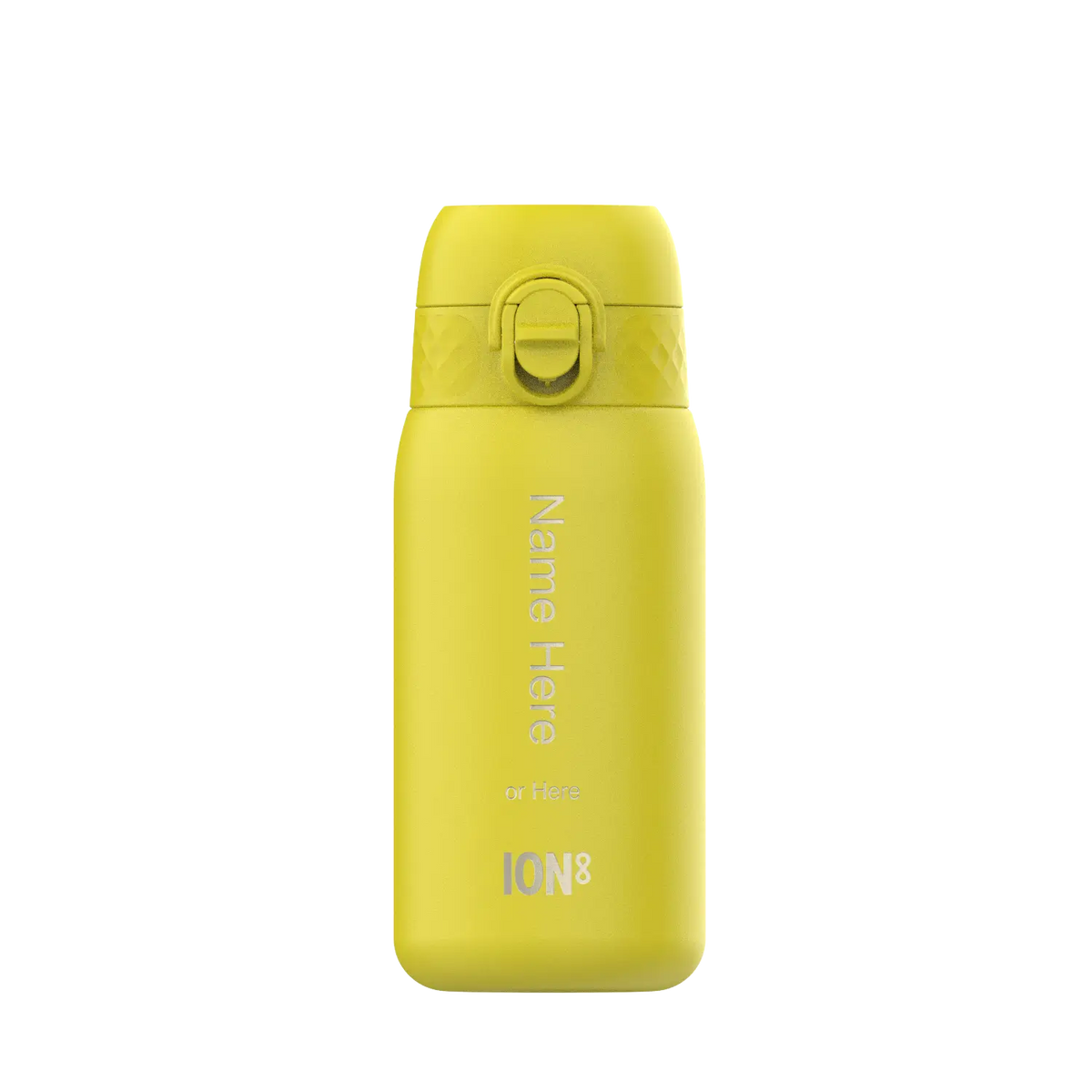 A yellow ION8 water bottle sits on a white background. The bottle features a carrying loop and text that says “Name Here or Here”.