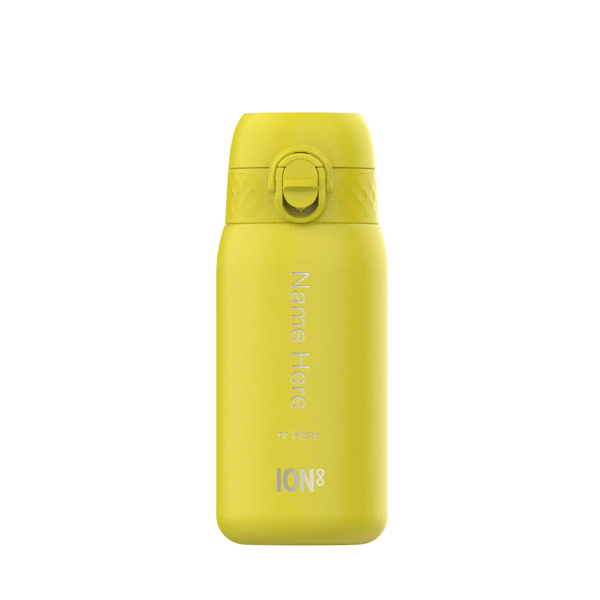 A yellow ION8 water bottle sits on a white background. The bottle features a carrying loop and text that says “Name Here or Here”.