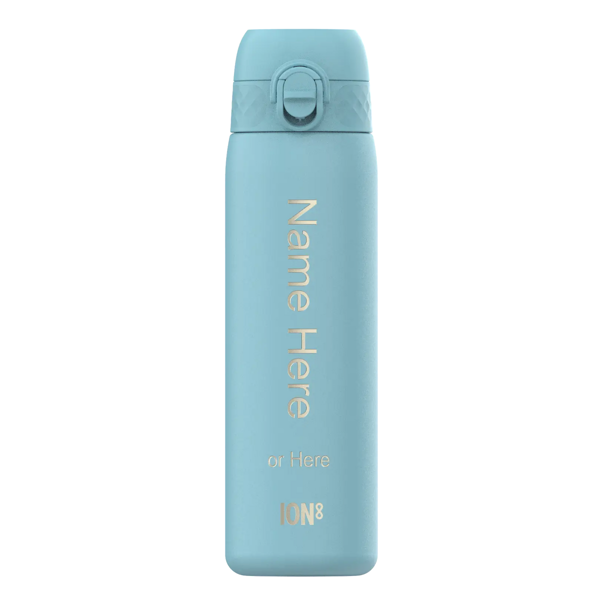 A light-blue water bottle stands upright against a white background. The bottle displays “Name Here or Here ION8” in a vertical, light-colored script.