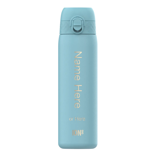 A light-blue water bottle stands upright against a white background. The bottle displays “Name Here or Here ION8” in a vertical, light-colored script.