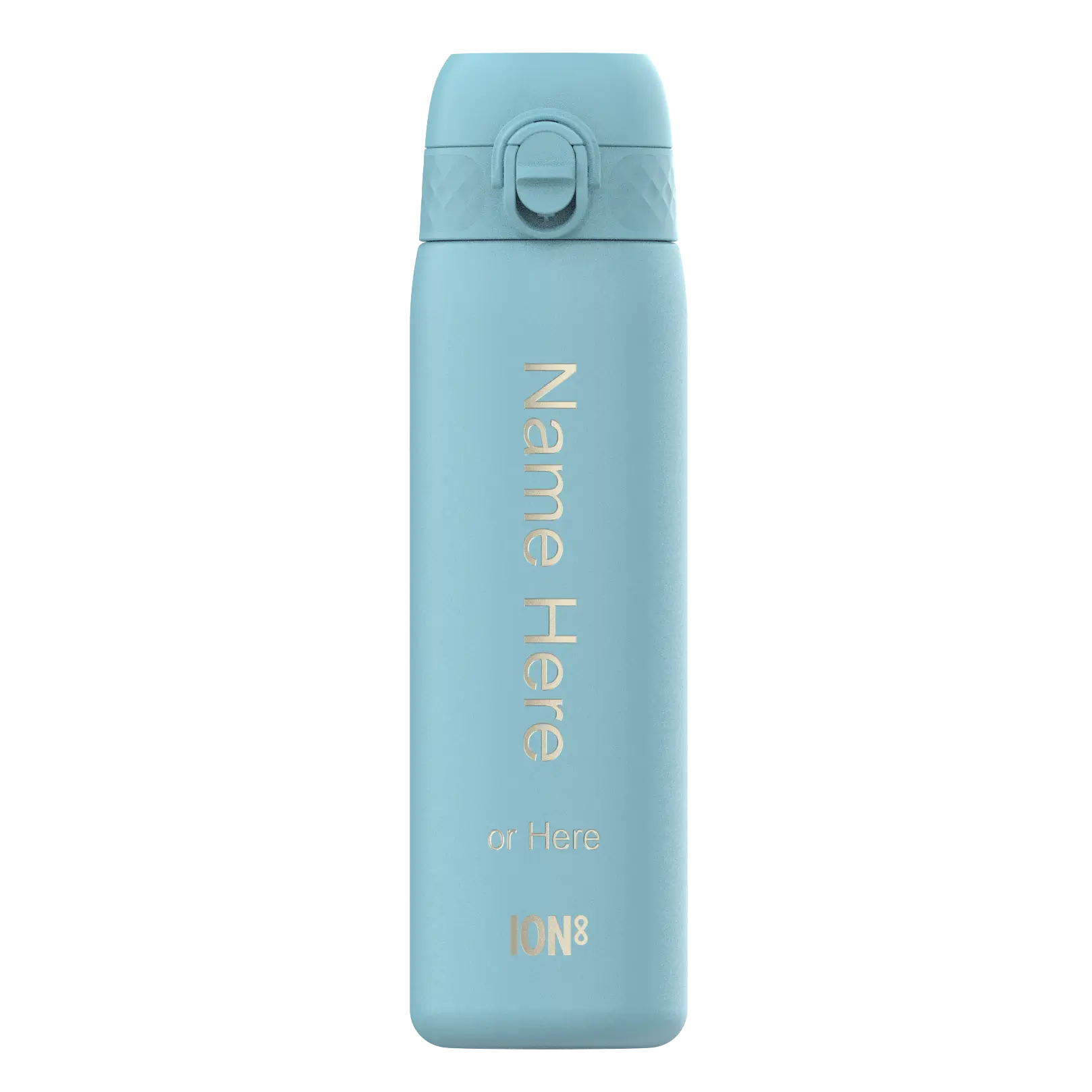 A light-blue water bottle stands upright against a white background. The bottle displays “Name Here or Here ION8” in a vertical, light-colored script.