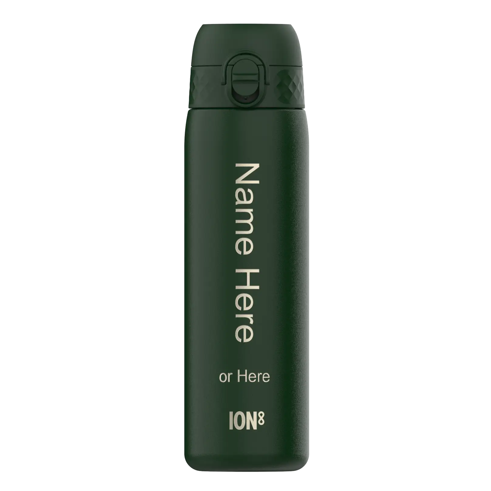 A dark-green ION8 water bottle stands against a white background. It features a flip-top lid and the text: "Name Here or Here ION8".
