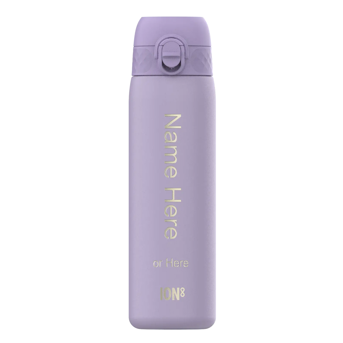 A lavender-colored water bottle stands upright against a white background. The bottle displays “Name Here or Here” and “ION8” in a light-colored, vertical font.