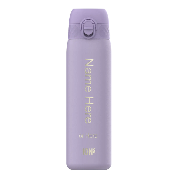A lavender-colored water bottle stands upright against a white background. The bottle displays “Name Here or Here” and “ION8” in a light-colored, vertical font.