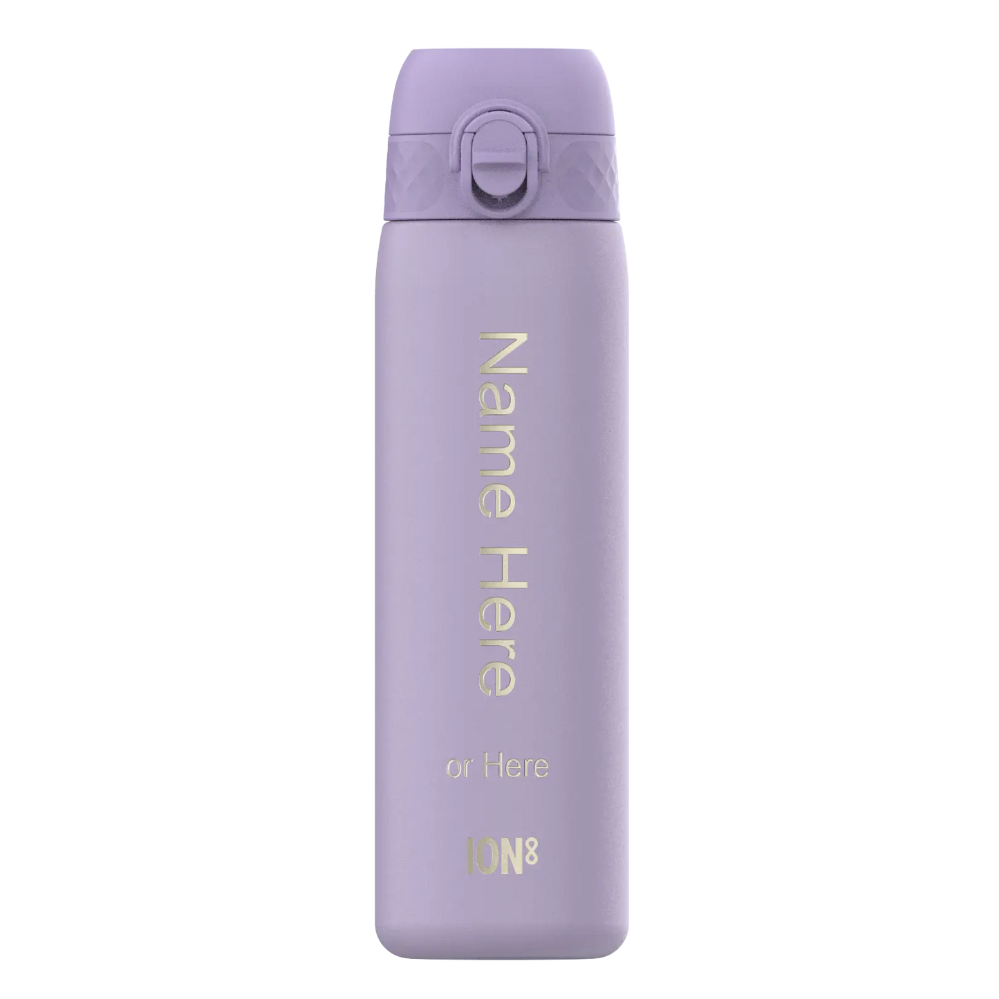 A lavender-colored water bottle stands upright against a white background. The bottle displays “Name Here or Here” and “ION8” in a light-colored, vertical font.